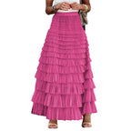 Elegant Fairy Tulle Tiered Elastic High Waist Mesh Ruffle Layered Long Skirt