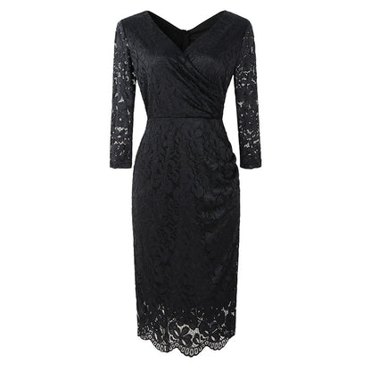 Elegant Floral Lace Long Sleeve Vintage Slim Office Party Dress