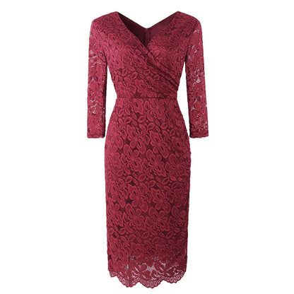 Elegant Floral Lace Long Sleeve Vintage Slim Office Party Dress