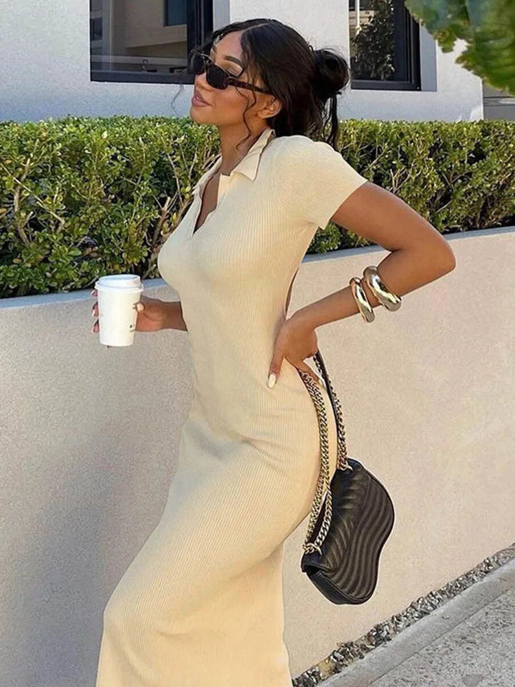 Elegant Knitted Short Sleeve Backless Streetwear Stretch Midi Dresses Main image