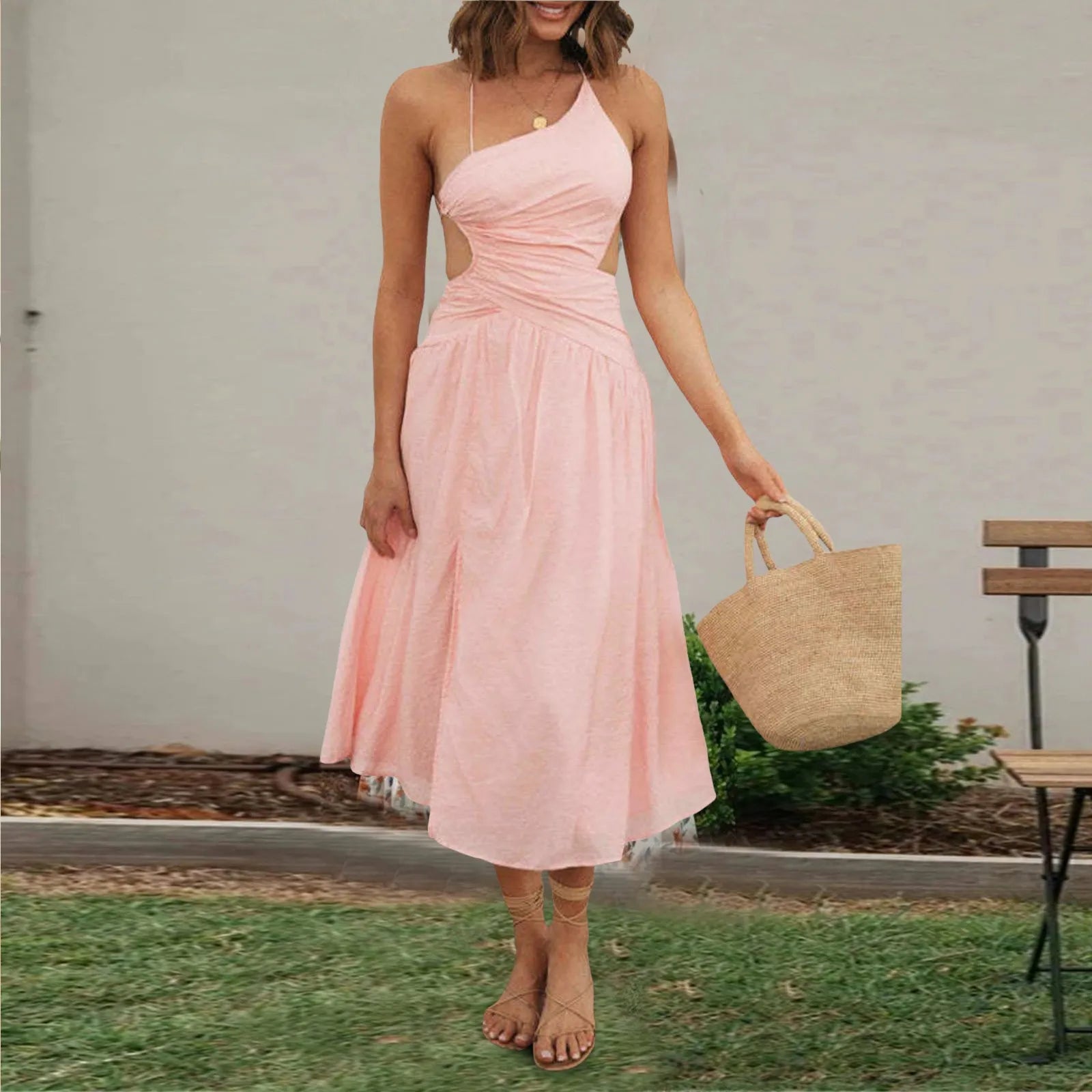 Elegant Solid Color Sleeveless Spaghetti Strap V Neck Summer Dress Main image