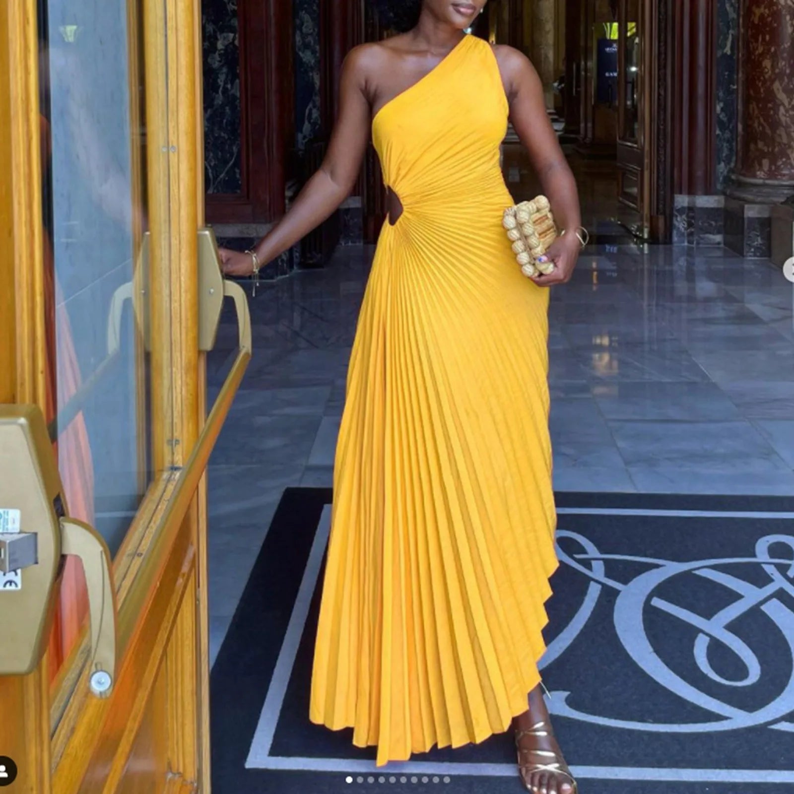 Elegant One Shoulder Pleated Simple Sleeveless High Waist Long Formal Party Summer Casual Dress Main image