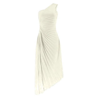 Elegant One Shoulder Pleated Simple Sleeveless High Waist Long Formal Party Summer Casual Dress