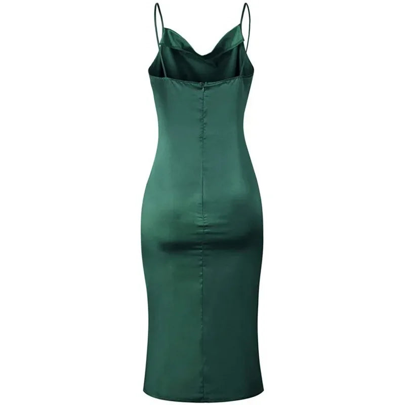 Green Satin Long Backless Evening Dress for Summer and Christmas Parties