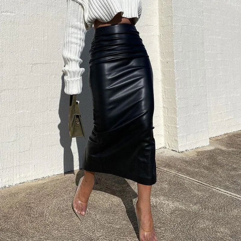 Elegant Office Lady Fashion Ruched PU Leather Slim High Waist Skirt Main image