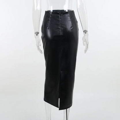 Elegant Office Lady Fashion Ruched PU Leather Slim High Waist Skirt