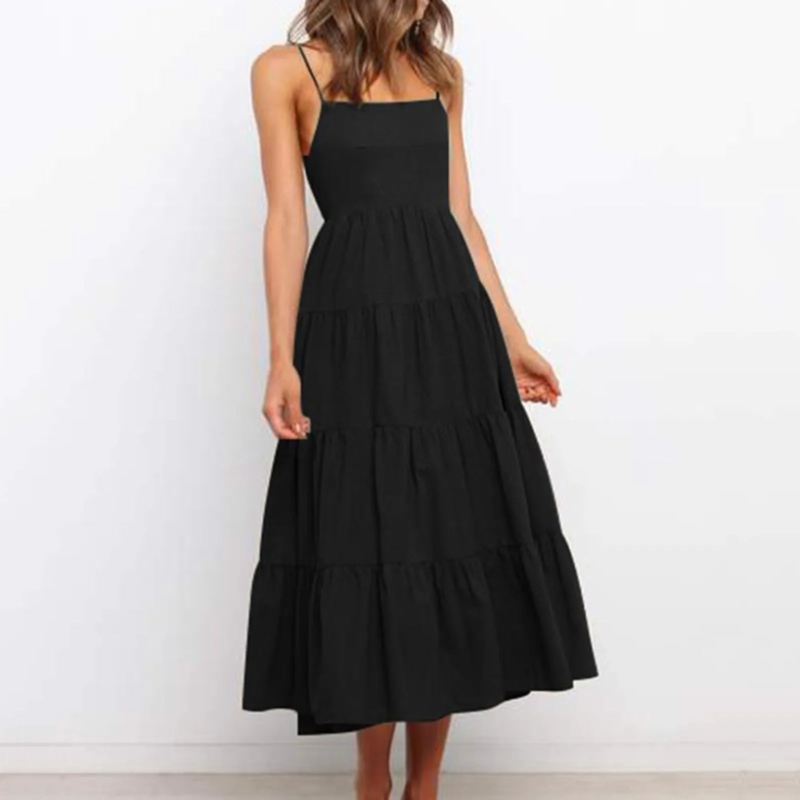 Elegant Spaghetti Strap Summer Backless Ruffles Beach Casual Black Dress Main image