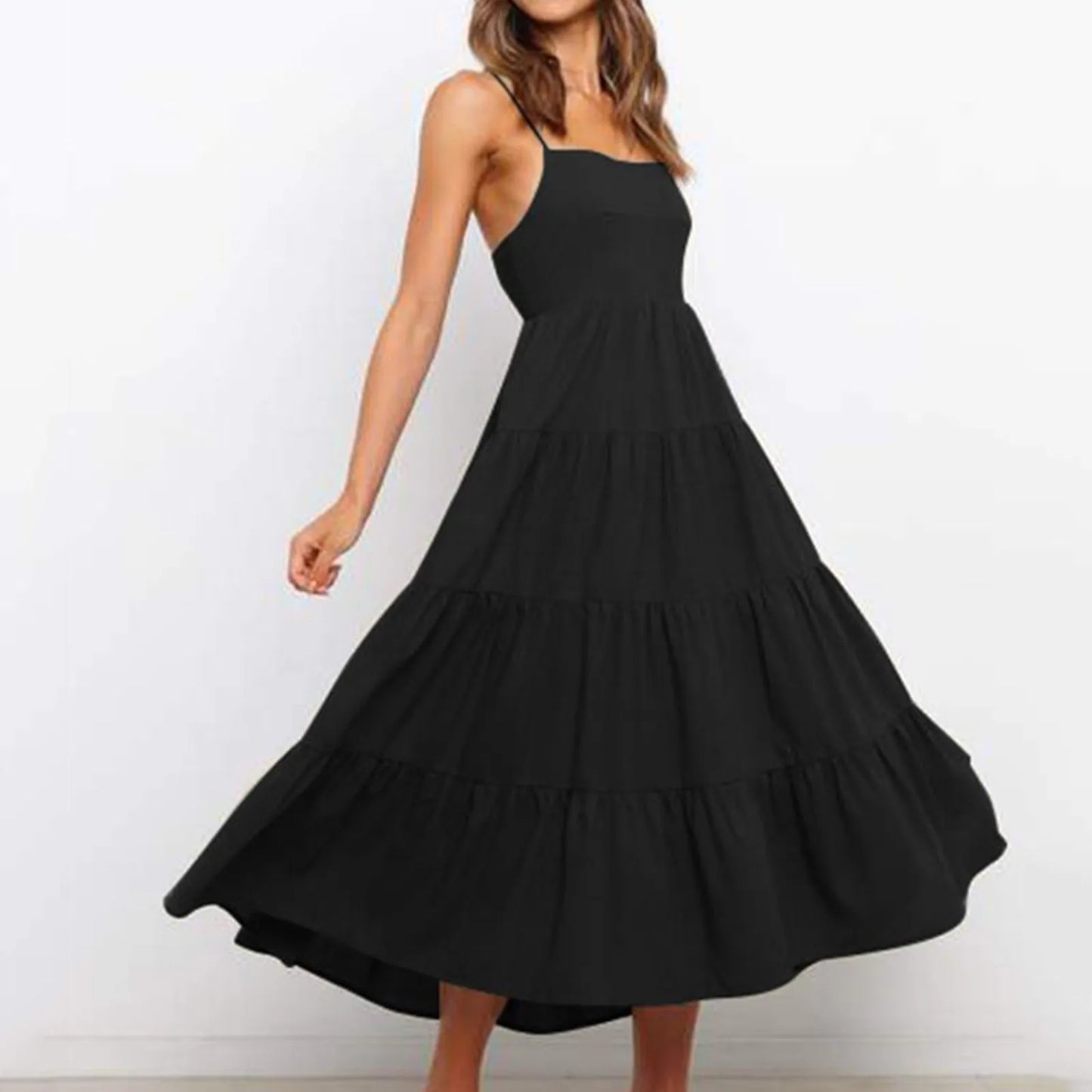 Elegant Spaghetti Strap Summer Backless Ruffles Beach Casual Black Dress