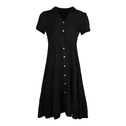 Elegant Casual Holiday Midi V Neck Single Breasted Shirt Solid Short Sleeve Summer 2024 Women's Dress