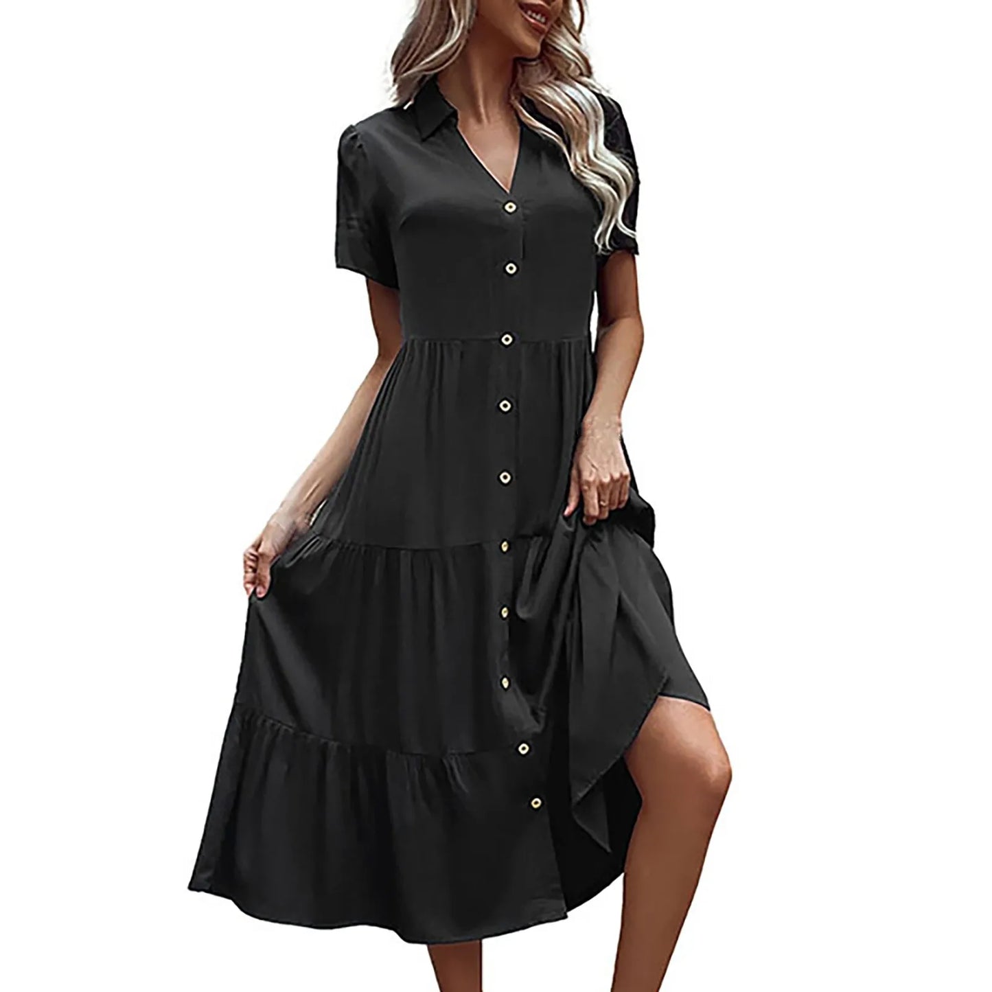 Elegant Casual Holiday Midi V Neck Single Breasted Shirt Solid Short Sleeve Summer 2024 Women's Dress