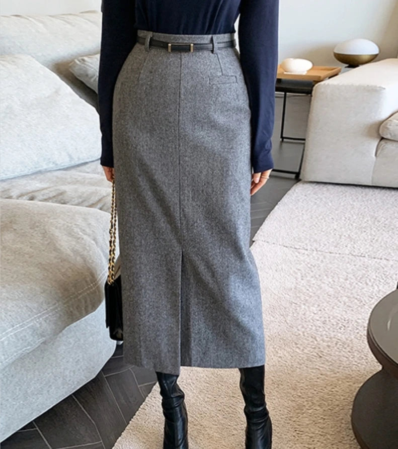 Elegant Striped Faux Wool Belted Casual High Waist A-Line Skirt Main image