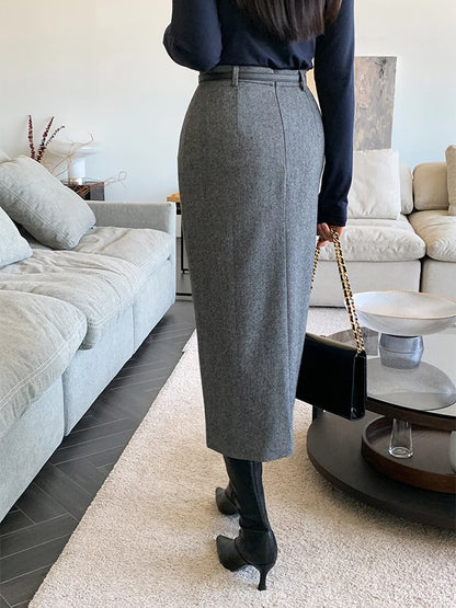 Elegant Striped Faux Wool Belted Casual High Waist A-Line Skirt