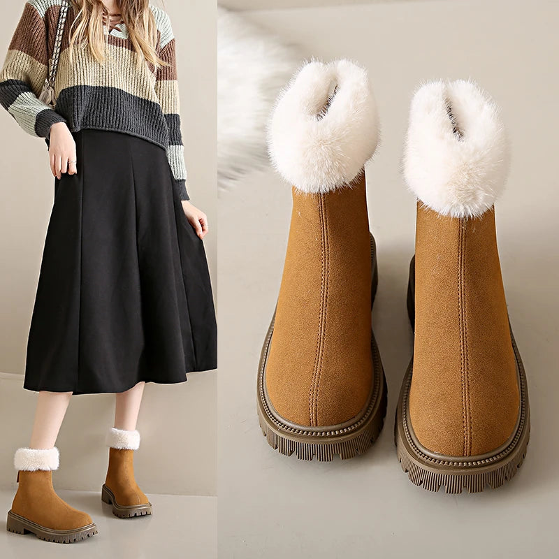 Elegant and Simple Women's Plush Shoes 2024 New Back Zipper Design Fashionable and Versatile Winter Cotton Boots Botas De Mujer Main image