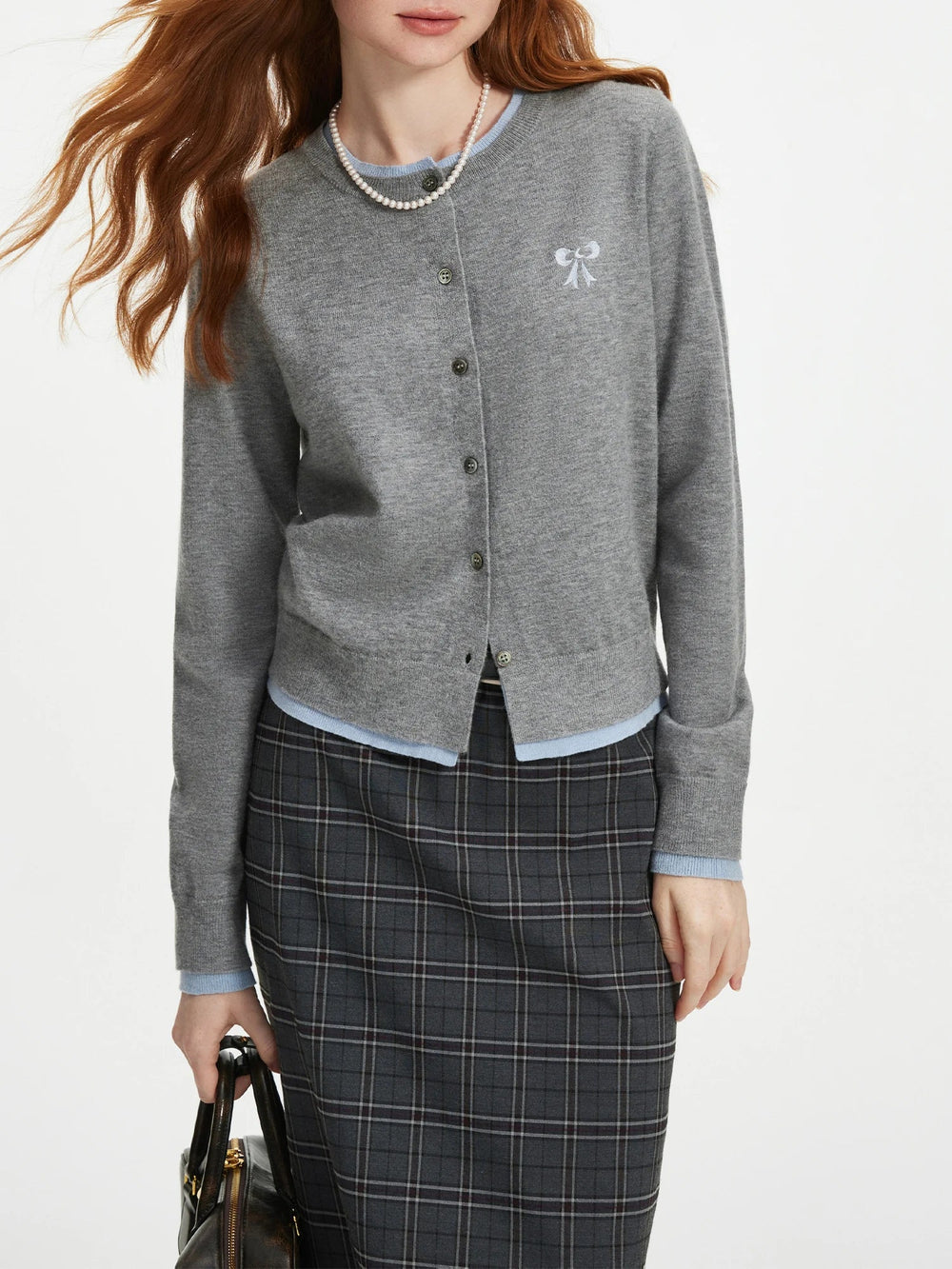 Bow Contrast Color Stitching Cardigan Dark Grey / Xs Cardigan-241208