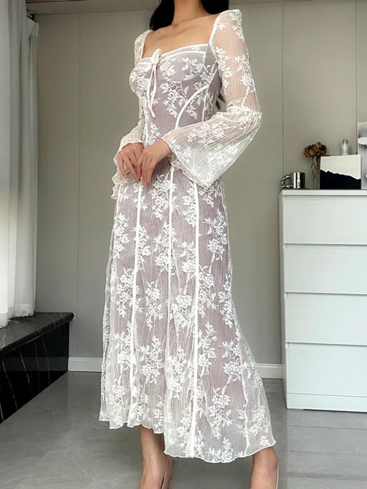 DressBetty - 2024 Spring High Waist Long Sleeve Elegant Party Clubwear Lace Dress