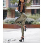 Fashion Black PU Leather Mid Waist Skinny Push Up  Buttocks Streetwear Pants
