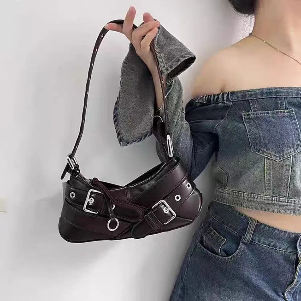 Goth Y2K Black Punk Rivet Chain School PU Leather Skeleton Fashion Women Backpack Bag Main image