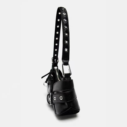 Goth Y2K Black Punk Rivet Chain School PU Leather Skeleton Fashion Women Backpack Bag