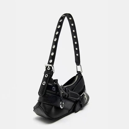 Goth Y2K Black Punk Rivet Chain School PU Leather Skeleton Fashion Women Backpack Bag