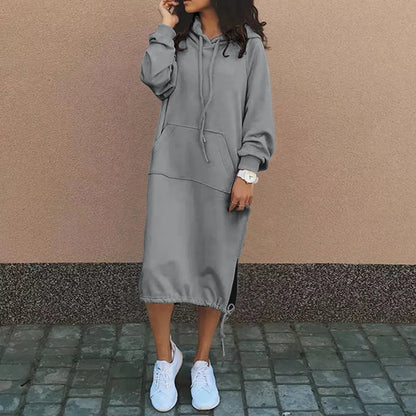 Elegant Split Hooded Large Pullover Casual Autumn Pocket Warm Sweatshirt Fashion Hoodie Dress