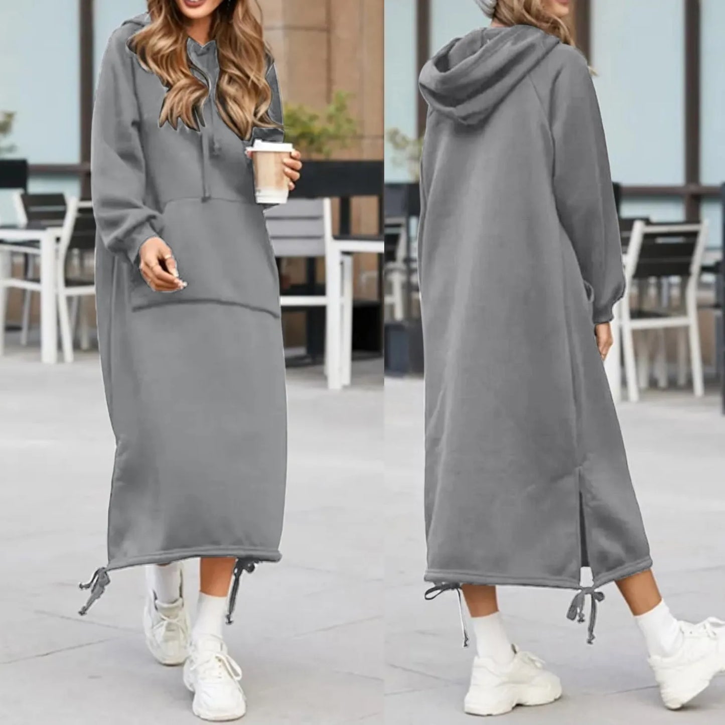 Elegant Split Hooded Large Pullover Casual Autumn Pocket Warm Sweatshirt Fashion Hoodie Dress