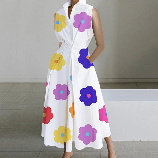 Fashion Casual Turn-down Collar  Printed Sleeveless Loose Elegant Slim Fit Midi Dresses