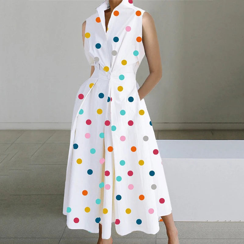 Fashion Casual Turn-down Collar  Printed Sleeveless Loose Elegant Slim Fit Midi Dresses