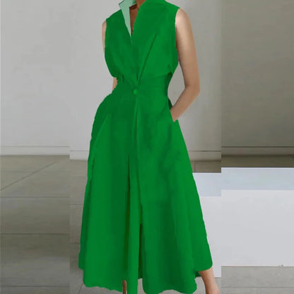 Fashion Casual Turn-down Collar  Printed Sleeveless Loose Elegant Slim Fit Midi Dresses