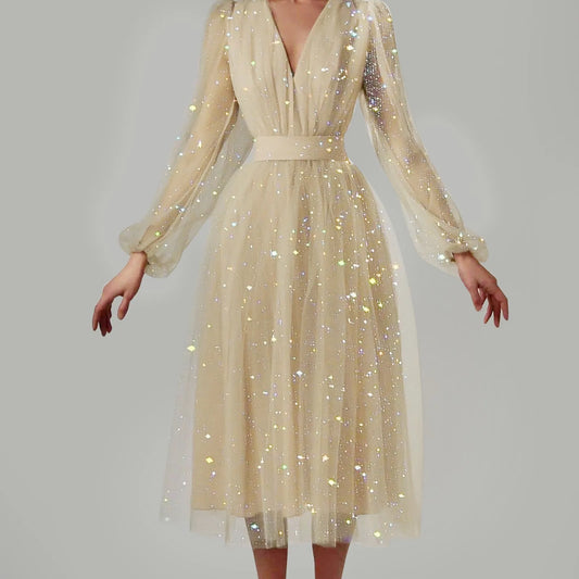 Sparkling Sleeveless Mesh V-Neck Lantern Fairy Princess Dress