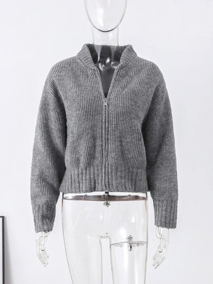 Fashion Grey Spring Long Sleeve Pleated Female Elegant Casual Cardigan