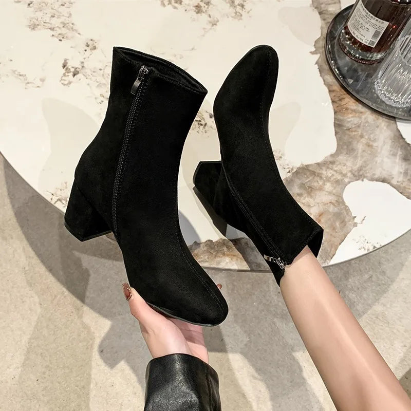 Fashion Knitted Stretch Sewing Square Heels Women Ankle Boot