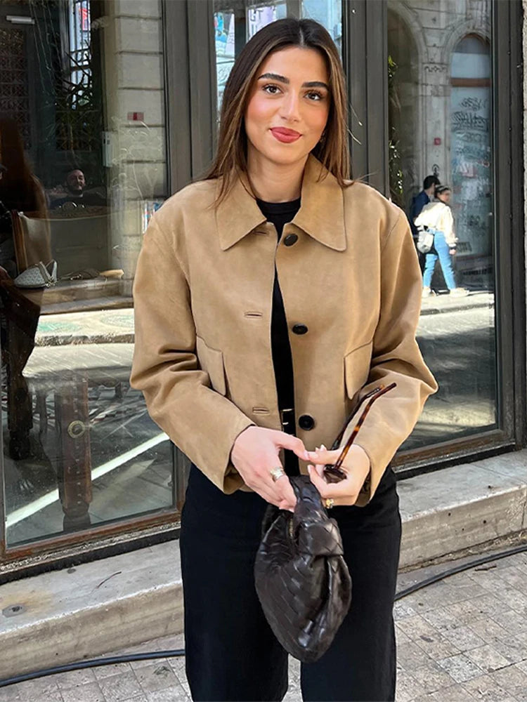 Fashion Leather Lapel Single Spring Autumn Long Pockets Short Vintage Coat Main image