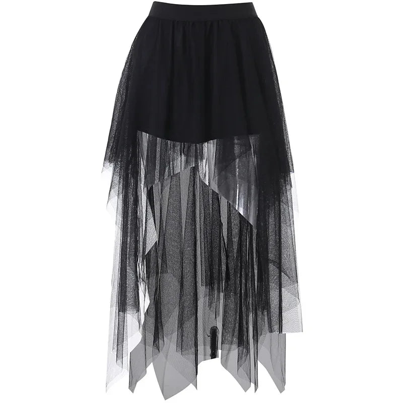 Fashion Net Yarn High-Waisted Irregular for Women Gothic Style Summer Casual  Skirt