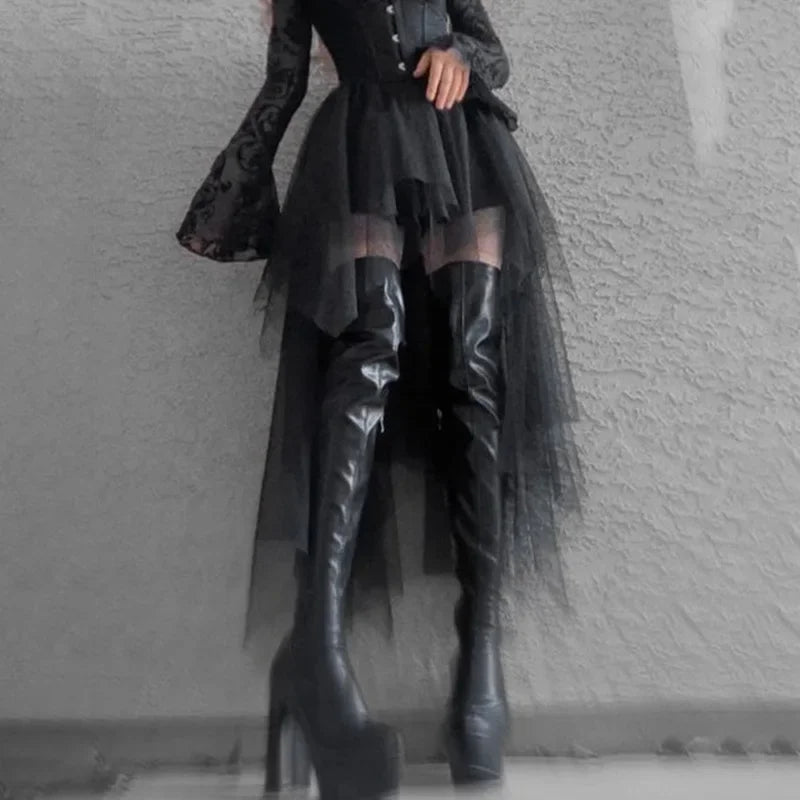 Fashion Net Yarn High-Waisted Irregular for Women Gothic Style Summer Casual  Skirt