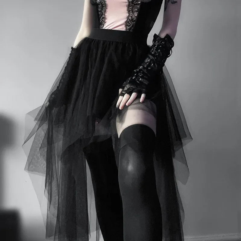 Fashion Net Yarn High-Waisted Irregular for Women Gothic Style Summer Casual  Skirt