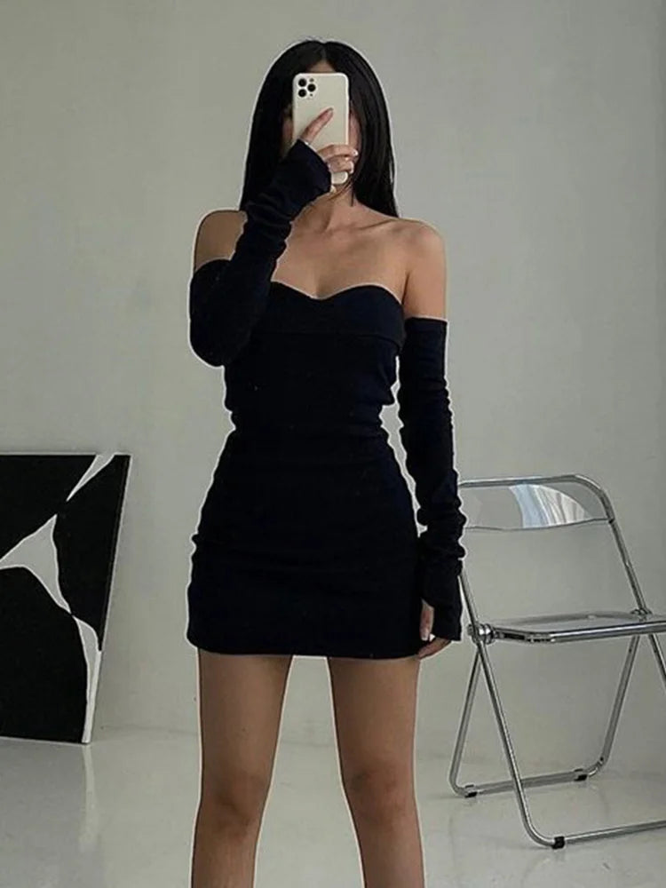 Off Shoulder Sexy Autumn Long Basic Black Slash Neck Clothes Midi Dresses