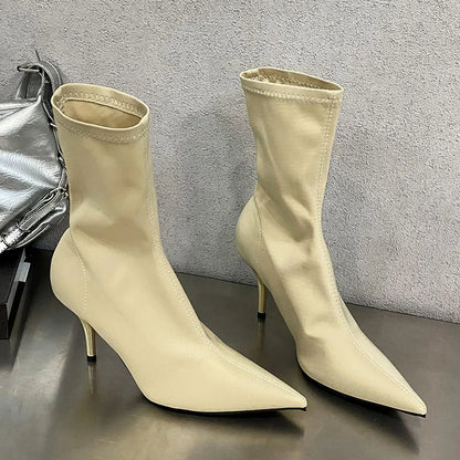 Pointed Toe Thin Heel Elastic Stretch Slip On Pump Ankle Boot