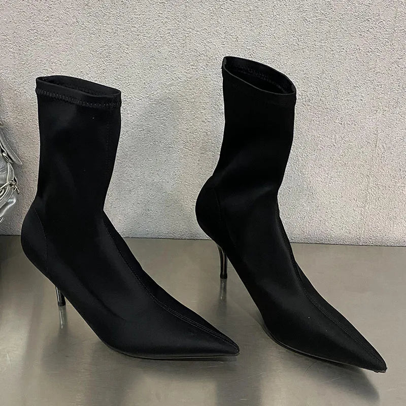 Pointed Toe Thin Heel Elastic Stretch Slip On Pump Ankle Boot