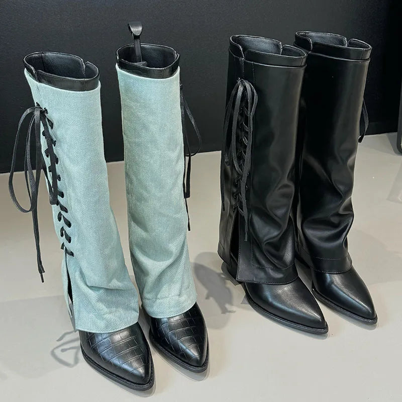 Fashion Pointed Toe Heels Designer Lace Up Footwear Western Knee High Boots Main image