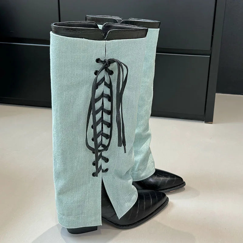 Fashion Pointed Toe Heels Designer Lace Up Footwear Western Knee High Boots Secondary image