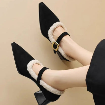 Pointed Toe New Comfortable Square Shal Mouth Plush Warm Winter High Low Heel Pumps