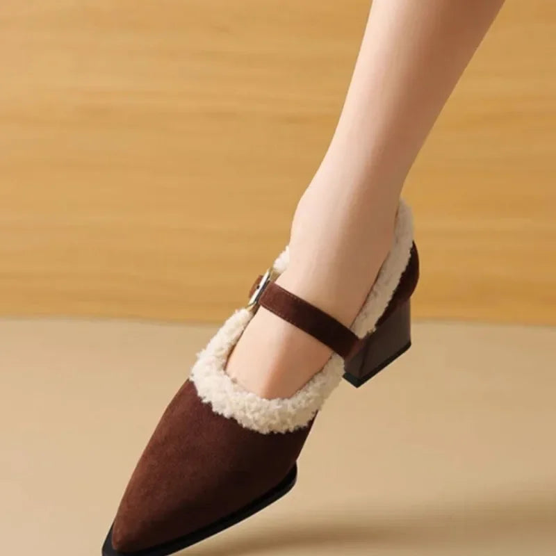 Pointed Toe New Comfortable Square Shal Mouth Plush Warm Winter High Low Heel Pumps Secondary image