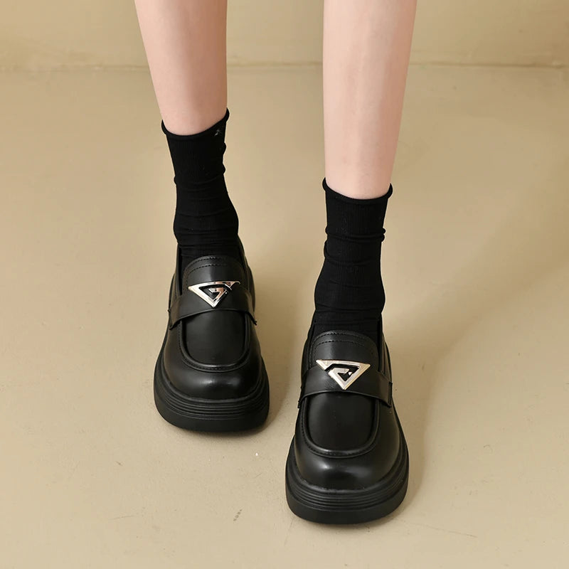 Metal Decoration Solid Leather Round Toe High Heels Oxford Platform Pumps Loafers Main image