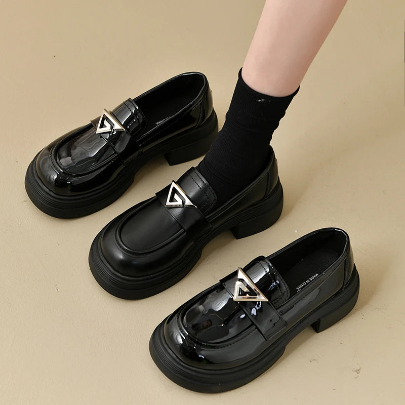 Metal Decoration Solid Leather Round Toe High Heels Oxford Platform Pumps Loafers Secondary image