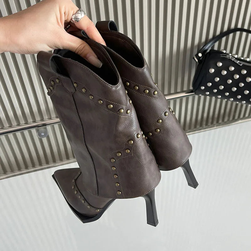 Riveted Modern Chelsea Pointed Toe Heeled Ankle Boot