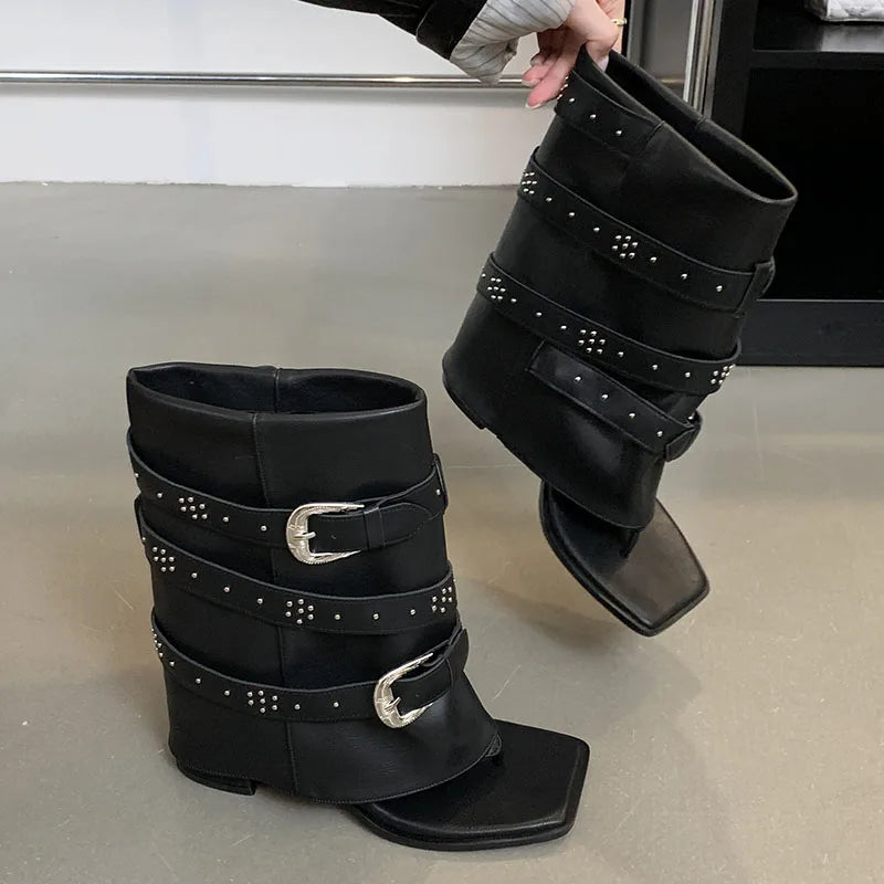 Riveted Chunky Heel Flip Flop Modern Ankle Boot Main image