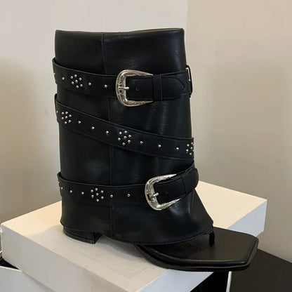 Riveted Chunky Heel Flip Flop Modern Ankle Boot