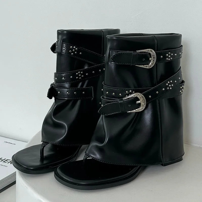 Riveted Square Heel Western Flip Flop Buckled Ankle Boot Main image
