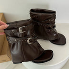Riveted Square Heel Western Flip Flop Buckled Ankle Boot