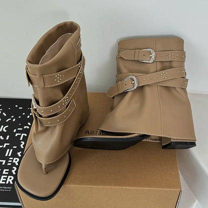 Riveted Square Heel Western Flip Flop Buckled Ankle Boot